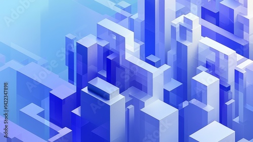 Abstract isometric digital art featuring a dense cluster of smooth, semi-white blue and white geometric rectangular blocks with varied heights and overlapping arrangements set against