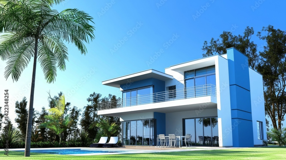 Obraz premium Stunning modern two-story house with sleek glass windows, blue and white color palette, lush tropical landscaping, picturesque pool in foreground, bright daylight, contemporary