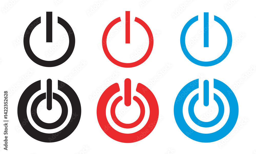 Power Button Icon Set in Multiple Styles and Colors, Power button. ON and OFF set icons. Vector black and flat icon, energy sing symbol Power Button Icon Set in Multiple Styles and Colors, Power button. ON and OFF set icons. Vector black and flat icon, energy sing symbol