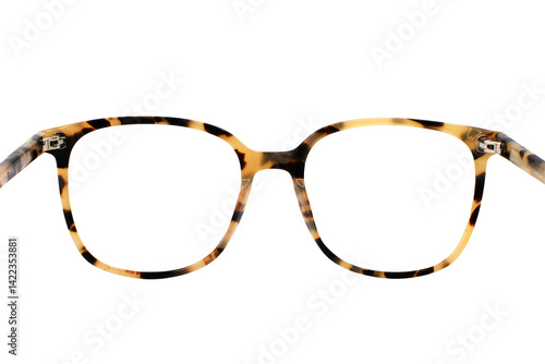 Close up view looking through a pair of pretty women's glasses frames, with a transparent background. No people.