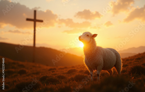 Concept of resurrection of Jesus Christ lamb of God in front with cross in background and sunset	
