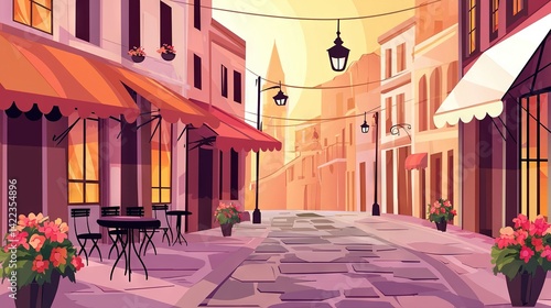 Fototapeta Naklejka Na Ścianę i Meble -    A painting depicts a bustling street with outdoor seating and vibrant flowers lining the sidewalk