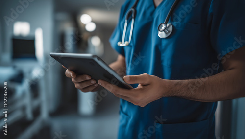 Medical team in a cutting-edge clinic checks vital signs using a digital tablet.