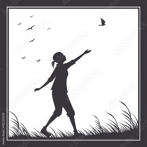 Silhouette of person dancing under falling leaves in nature
