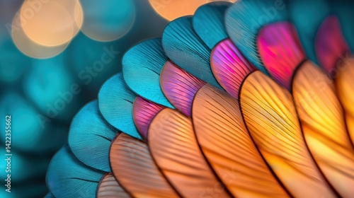 Close-up of a group of colorful feathers. the feathers are arranged in a fan-like pattern, with each feather having a different color - blue, pink, orange, and yellow.