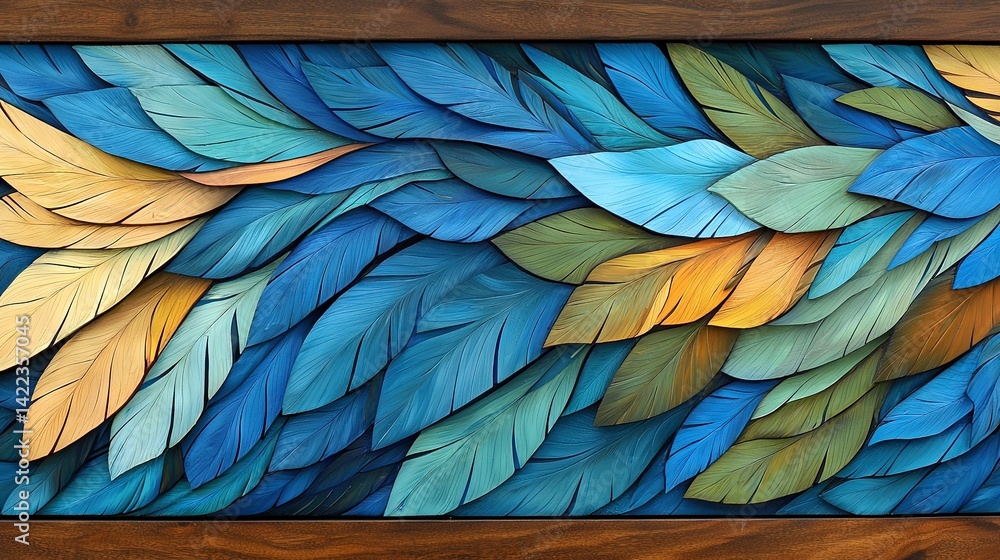 Obraz premium Wooden frame displaying intricate blue-yellow bird wing pattern in painting
