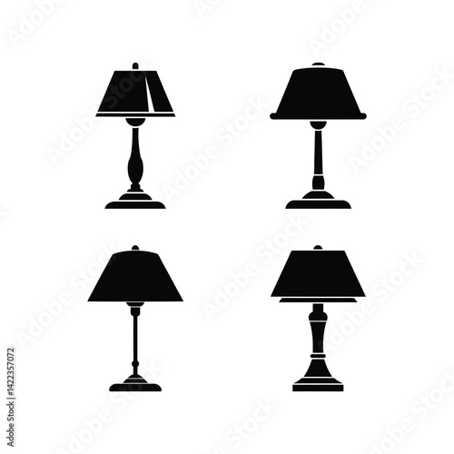 Silhouette Lamps: Four different silhouetted lamps of various designs stand out against a clean background, ideal for illustrating concepts like interior design and lighting decor.
