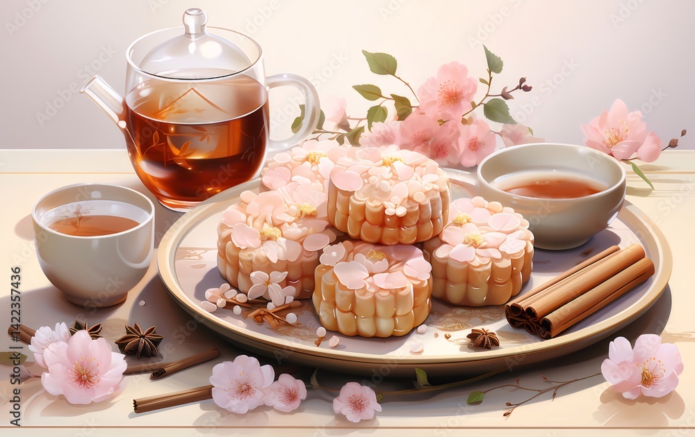 桜の花びらをあしらったお菓子と紅茶の静物画 明るい日差しの中の木製テーブルに配置 桜の花びらをあしらったお菓子と紅茶の静物画 明るい日差しの中の木製テーブルに配置