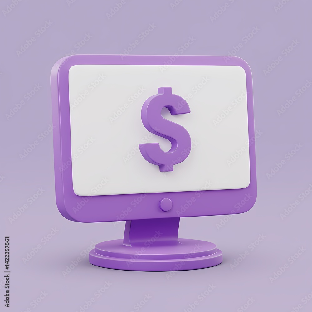 3D a stylized, cartoon-like purple computer monitor with a white screen displaying a large purple dollar sign. 3D a stylized, cartoon-like purple computer monitor with a white screen displaying a large purple dollar sign.
