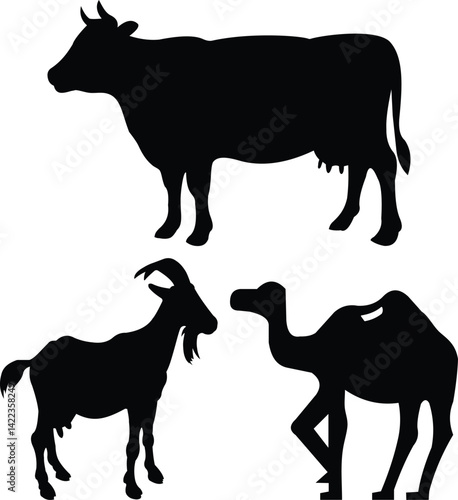 Black Silhouette Icons of Cow, Goat, and Camel Animals for Farm, Wildlife, and Desert Use. Animal Icon Sheet for Design, Sign, Symbol, and Nature Concepts.