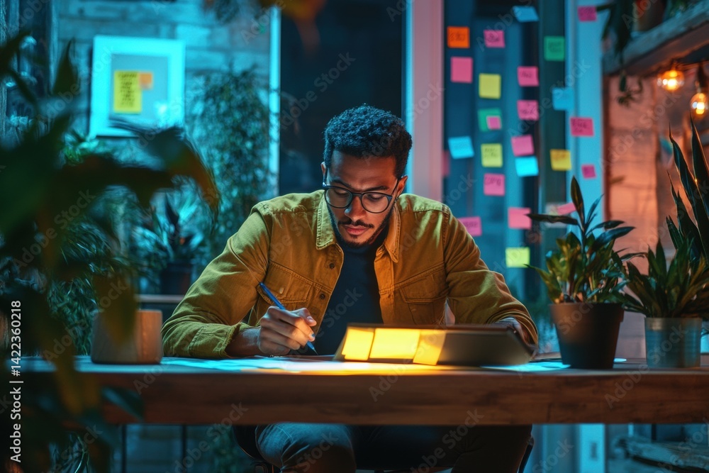 Man writing at desk in room lit by blue light Man writing at desk in room lit by blue light