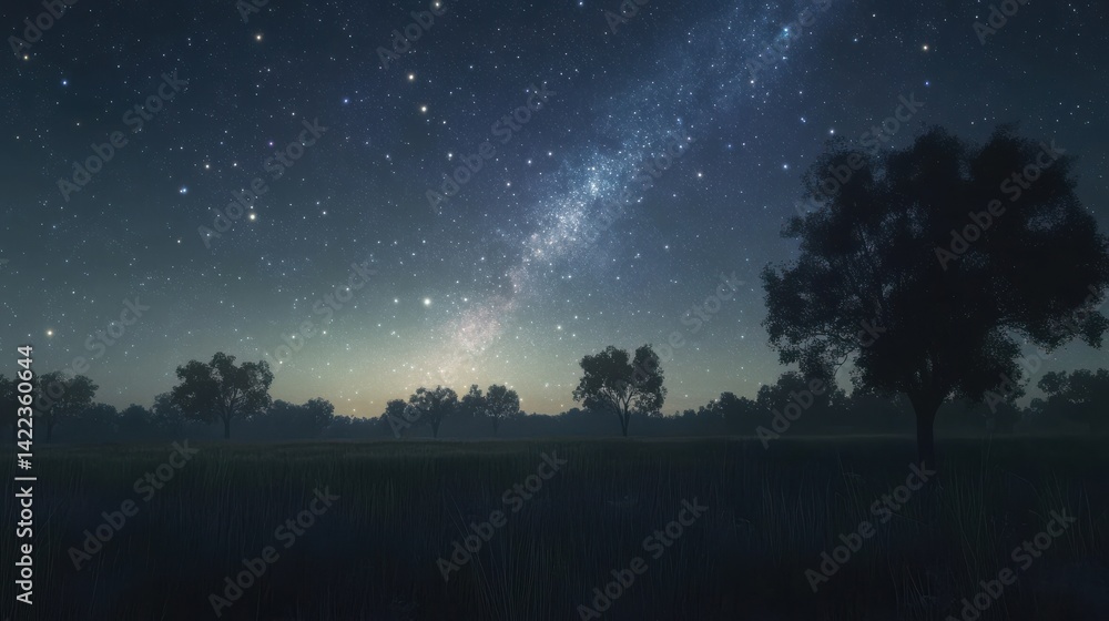 Fototapeta premium A vast, star-filled night sky over a field with trees silhouetted against the horizon. The Milky Way stretches across the sky, illuminating the landscape with a soft, ethereal glow.