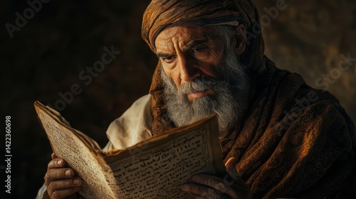 Ezra, a scribe and priest who restored Jewish law and traditions, attempts to read the scrolls in his hands.