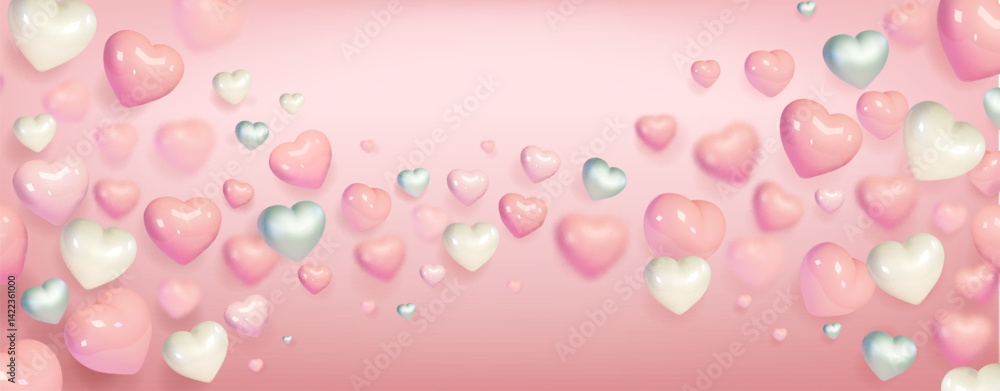 Pink and white Valentine's Day background, 3d hearts on bright backdrop. Vector illustration. Cute love banner Pink and white Valentine's Day background, 3d hearts on bright backdrop. Vector illustration. Cute love banner