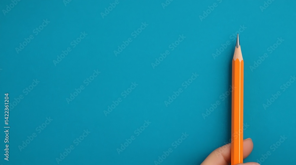 Orange Pencil on Teal Background Held by Hand, Design Element for Education or Creativity Projects. Orange Pencil on Teal Background Held by Hand, Design Element for Education or Creativity Projects.