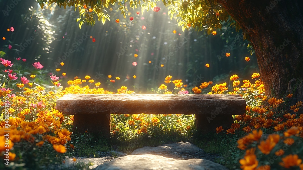 Stone Bench Sunlight Garden Floral Beauty Serene Natural Peaceful Scene Calm Idyllic Photo Stone Bench Sunlight Garden Floral Beauty Serene Natural Peaceful Scene Calm Idyllic Photo