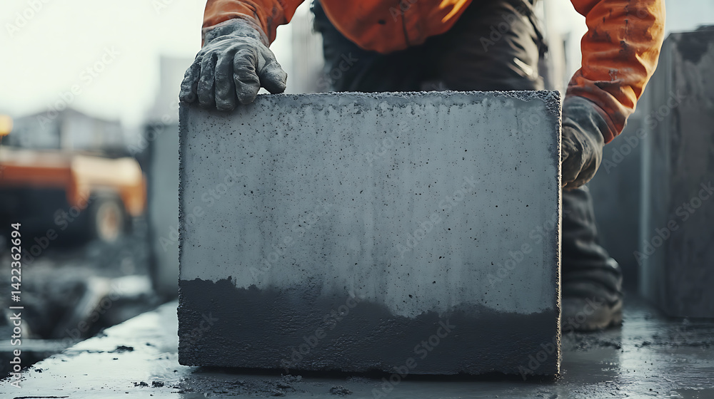 Construction Worker Holding a Concrete Block