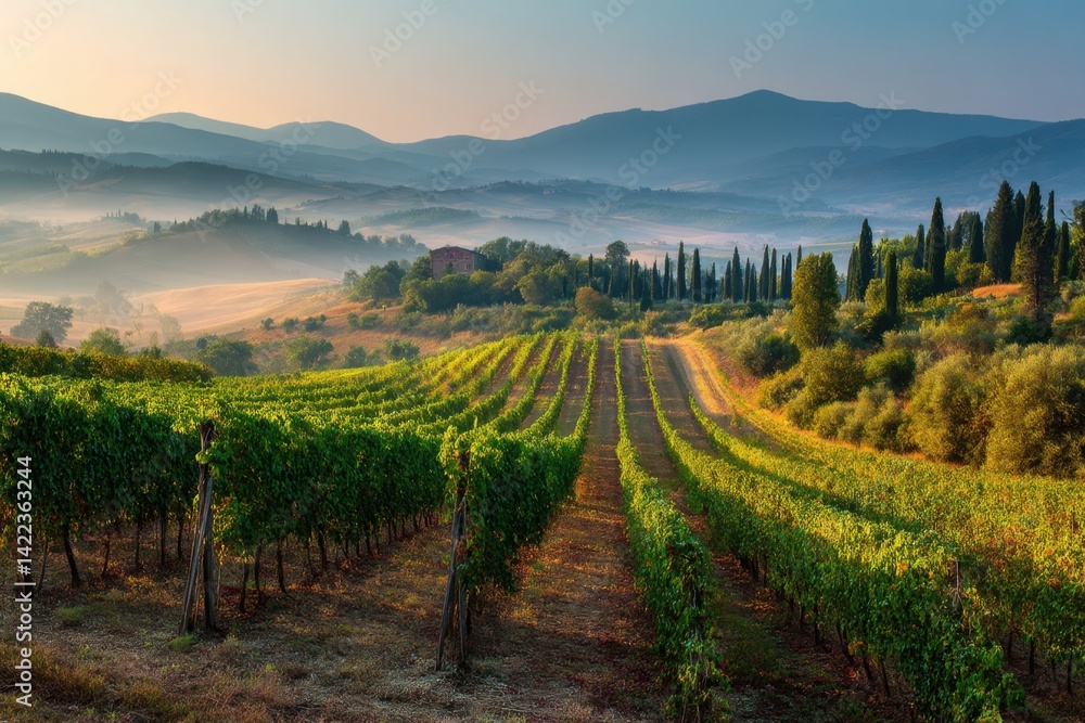 Naklejka premium Serene Tuscan Vineyard Landscape at Dawn with Rolling Hills and Cypress Trees in Soft Light