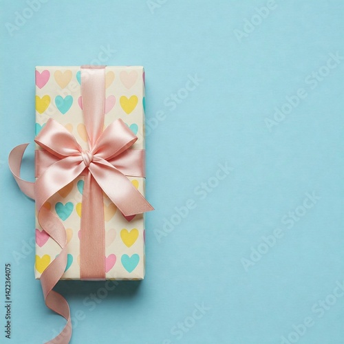 Gift Box with Pink Ribbon on Blue Background