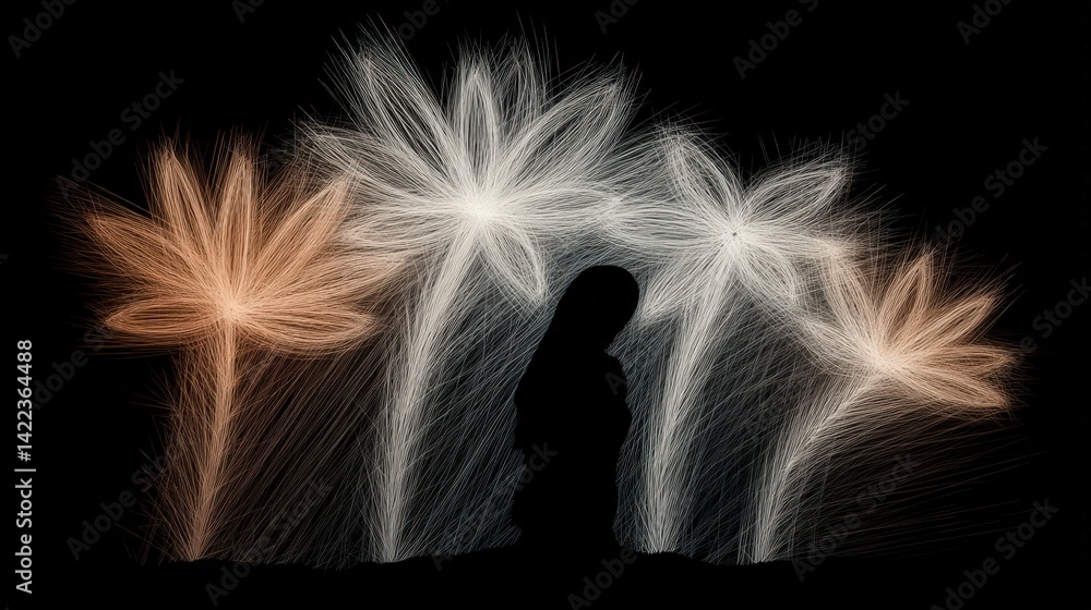 Obraz premium Silhouetted Figure Amidst Abstract Floral Design Dark Background Artistic Elegant Spir