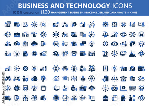 Business, data analysis, organization management and technology icon set. Teamwork, strategy, planning, marketing, cloud technology, data analysis, employee icon set. Icons vector collection