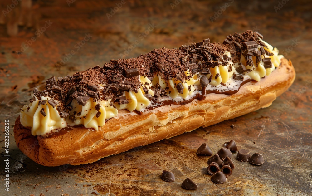 Delicious chocolate eclair with creamy filling, topped with rich chocolate shavings and powder on a rustic surface. Delicious chocolate eclair with creamy filling, topped with rich chocolate shavings and powder on a rustic surface.