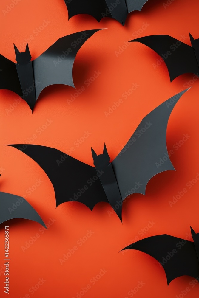 Fototapeta premium Halloween themed background with black paper bats on orange surface in a flat lay arrangement for festive mood