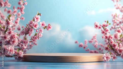 Geometric blank round podium wooden platform stand for product presentation and spring blooming tree branches with pink flowers on blue background with clouds. 3D.