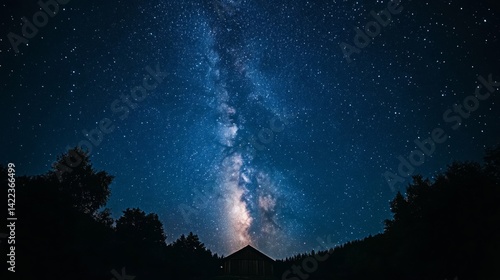 Night sky with stars and nebulae, bright light, in blue and white tones. Photo.
