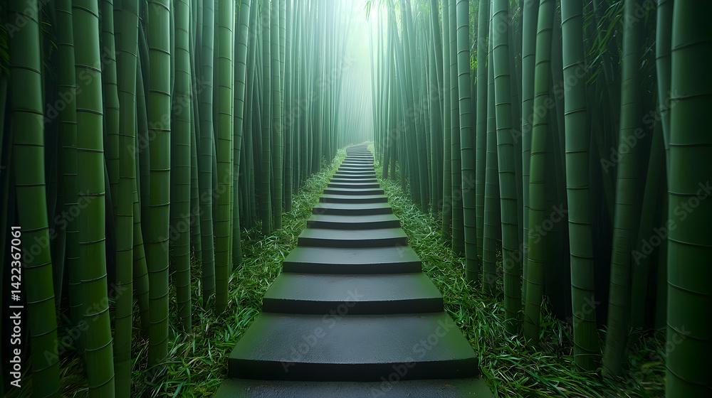 Stone Steps Leading Through a Lush Green Bamboo Forest