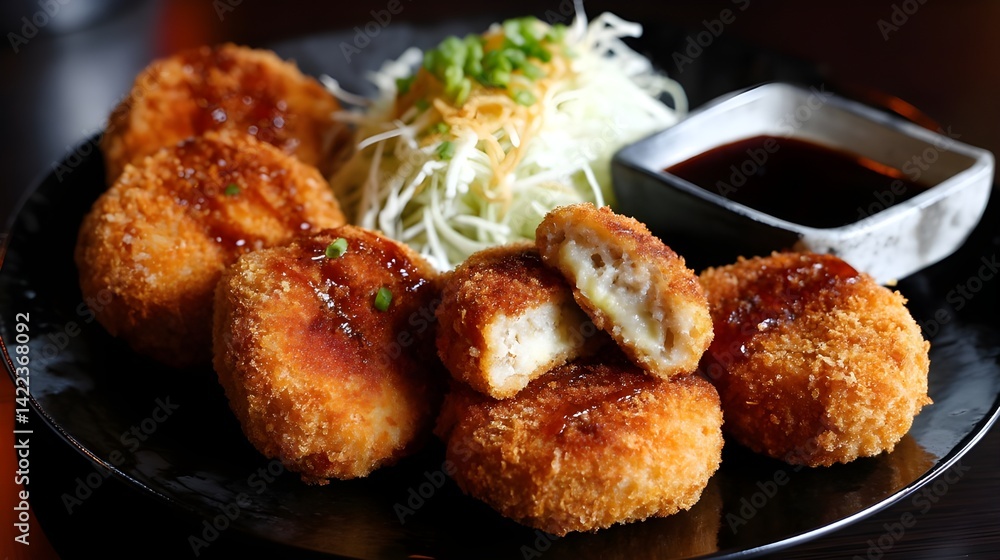 Golden croquettes with dipping sauce and cabbage
, A plate of golden, crispy croquettes with a side of shredded cabbage and dipping sauce, showcasing a gooey filling inside.
Golden croquettes with dipping sauce and cabbage
, A plate of golden, crispy croquettes with a side of shredded cabbage and dipping sauce, showcasing a gooey filling inside.
