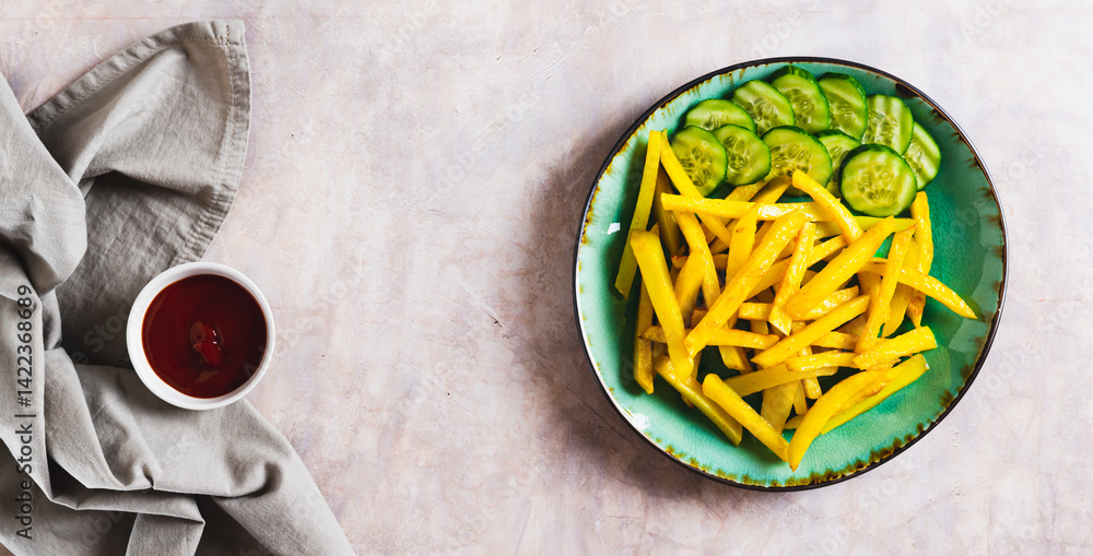 A plate of delicious French fries with cucumber and ketchup top view web banner
