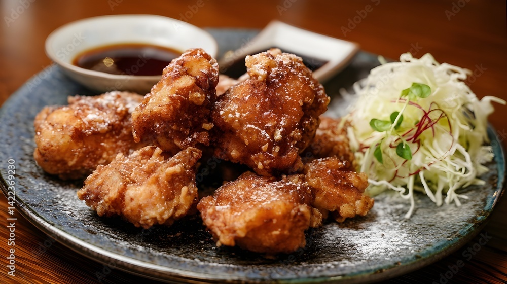 Japanese Chicken Karaage with Shredded Cabbage and Sauce
, Crispy fried Japanese karaage chicken served on a ceramic plate with shredded cabbage and dipping sauce for a savory appetizer or meal.
Japanese Chicken Karaage with Shredded Cabbage and Sauce
, Crispy fried Japanese karaage chicken served on a ceramic plate with shredded cabbage and dipping sauce for a savory appetizer or meal.