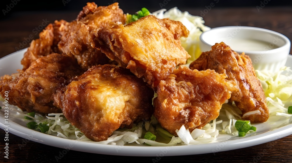 Crispy Japanese Fried Chicken Karaage with Cabbage
, A plate of golden-brown Japanese karaage chicken served on shredded cabbage with dipping sauce, perfect as a savory appetizer or meal.
Crispy Japanese Fried Chicken Karaage with Cabbage
, A plate of golden-brown Japanese karaage chicken served on shredded cabbage with dipping sauce, perfect as a savory appetizer or meal.