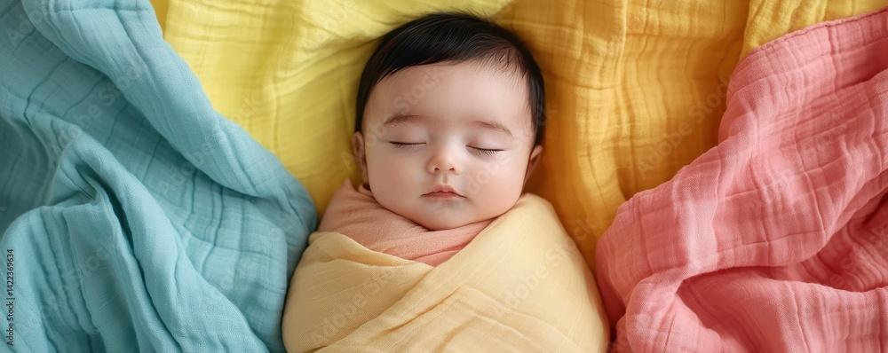 Baby sleeping with peaceful and soothing idea. Sleeping baby wrapped in colorful blankets. Baby sleeping with peaceful and soothing idea. Sleeping baby wrapped in colorful blankets.