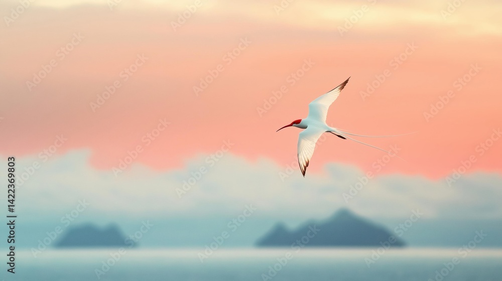Fototapeta premium Bird flying over the ocean at sunset. the sky is a beautiful shade of pink and orange, with the sun setting in the background.