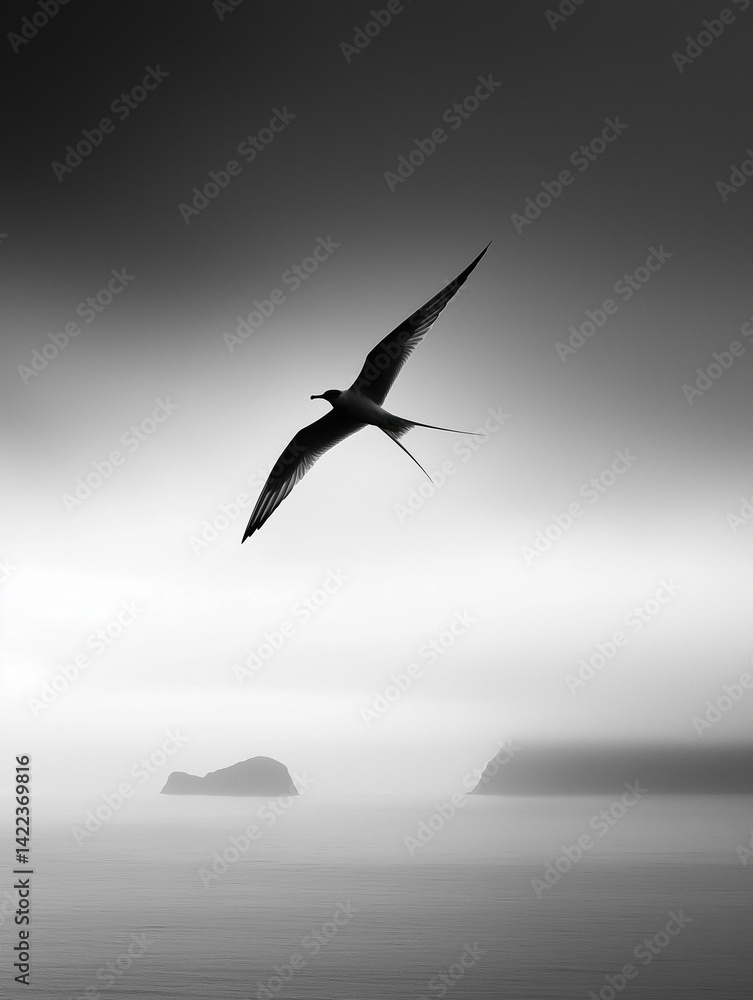 Fototapeta premium Black and white photograph of a bird flying over the ocean. the bird is in the center of the image, with its wings spread wide and its head turned towards the right side of the frame.
