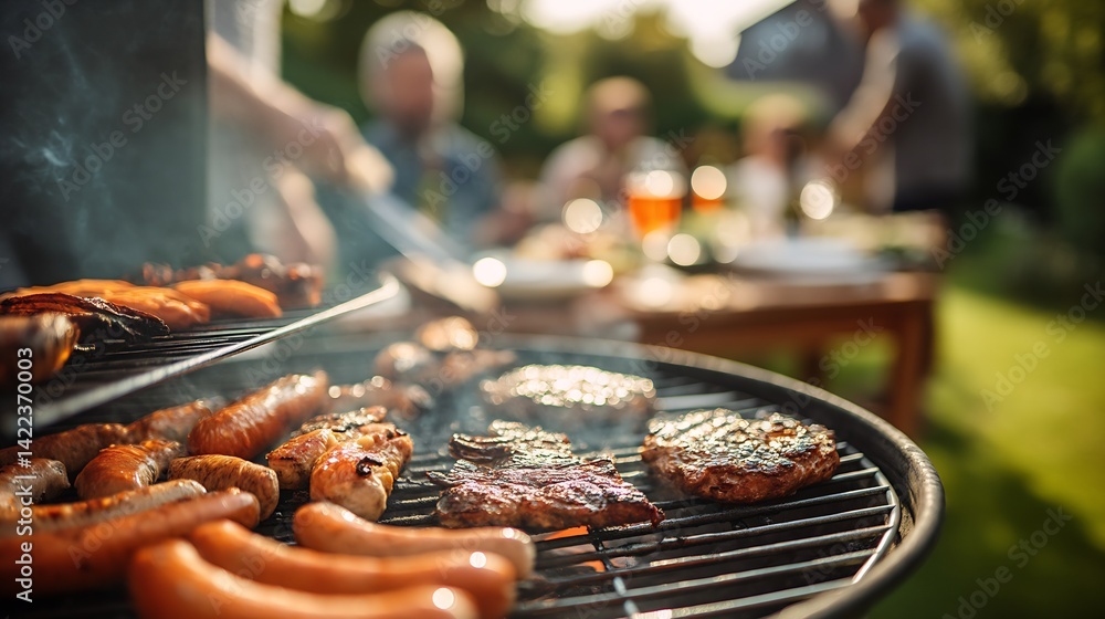 Grill filled with delicious meats and sausages during lively outdoor barbecue party : Generative AI Grill filled with delicious meats and sausages during lively outdoor barbecue party : Generative AI
