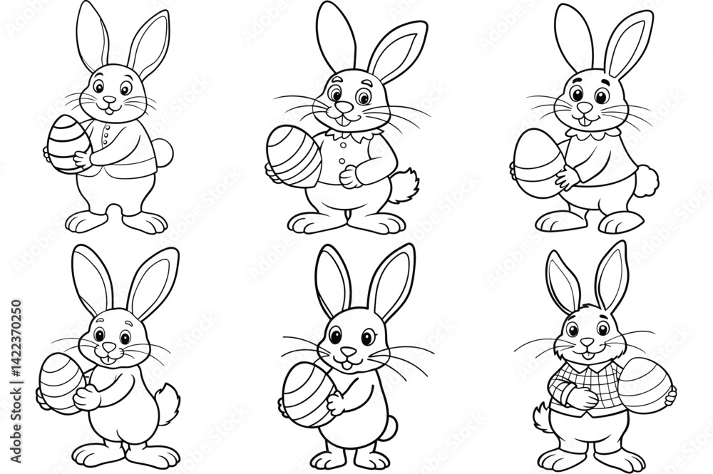 Fototapeta premium Bunny holding Egg outline vector illustration isolated on white background.