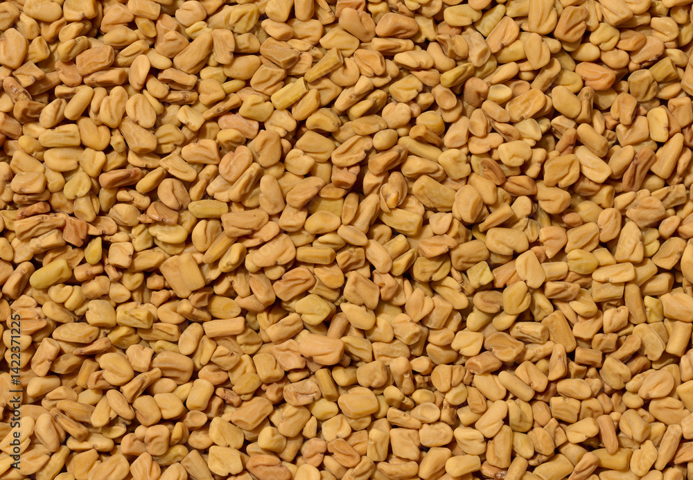 A detailed, top down close up of a dense pile of dry, light brown fenugreek seeds A detailed, top down close up of a dense pile of dry, light brown fenugreek seeds