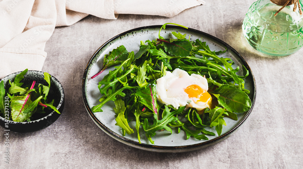 Poached egg in arugula and chard leaves on a plate on a table web banner