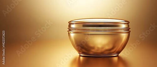 Golden cosmetic jar set on a matching gold surface with a golden background