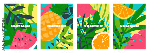 Set of vibrant summer illustrations with tropical fruits and leaves. Includes watermelon, orange, pineapple, and jungle foliage. Bright flat design, perfect for seasonal cards or posters.