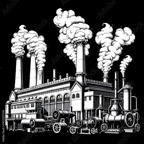 Atmospheric vintage industrial factory scene with towering smokestacks, aged brick walls, and clanking machinery.