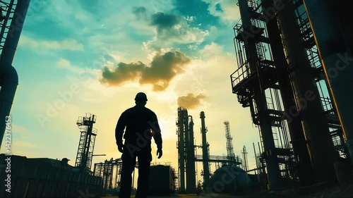 Silhouette of a Worker Against Industrial Landscape at Sunset