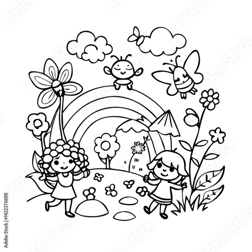 Kids' coloring page featuring a magical fairyland with fairies, mushrooms, flowers, butterflies, and a rainbow, black and white line art, whimsical doodle style, easy shapes and smiling faces