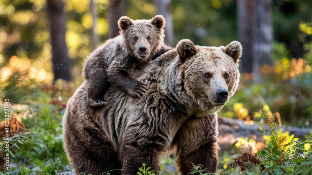 Fototapeta premium Fluffy Brown Bear Cub Riding on the Back of Its Mother in a Forested Setting During Golden Hour
