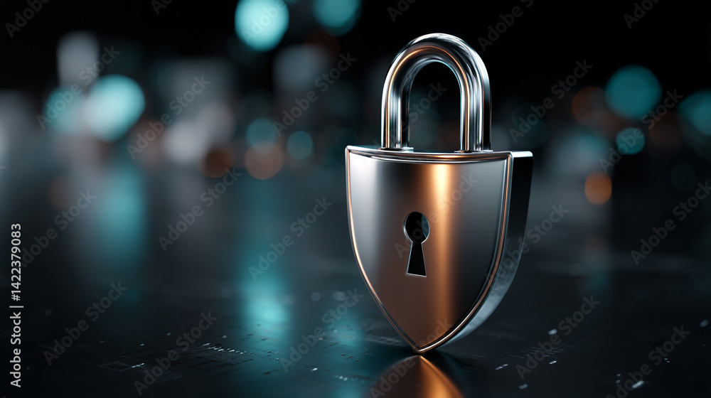 Minimalistic shiny metal shield with padlock icon symbolizes cybersecurity data protection and digital privacy on a dark blurred server background representing modern secure technology concept