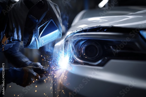 Close up of a welding machine repairing a white car, sparks flying in an auto shop environment