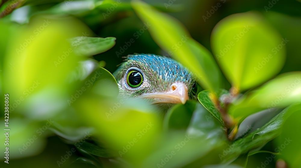 Obraz premium Bird peeking from leaves